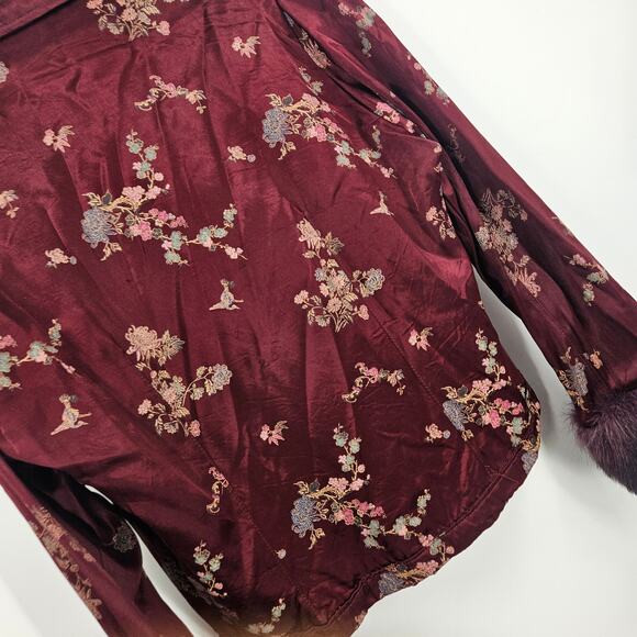Marrika Nakk Asian Vintage y2k Blouse Top Maroon Floral Button Up Faux Fur M - Picture 5 of 5
